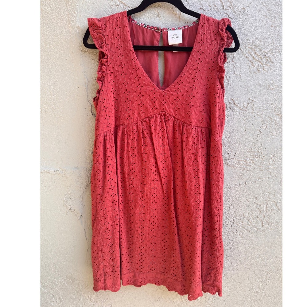 Knox Rose Womens Rust Red Eyelet Ruffle Babydoll Mini Dress SMALL Cottage Boho